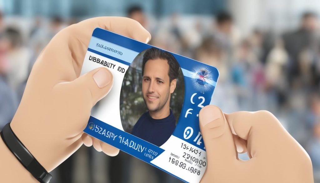 A pair of hands carefully holding an identification card, with a crowd softly blurred behind.