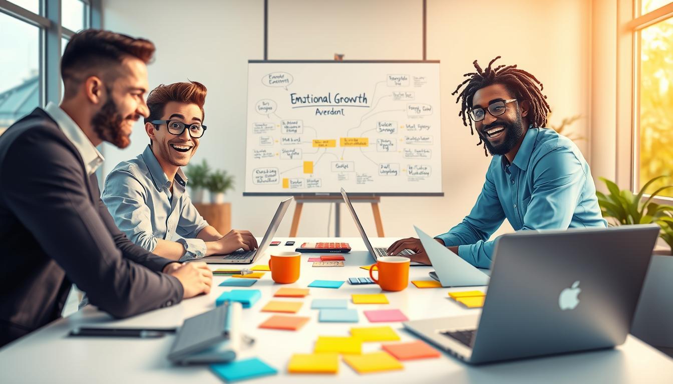 Three people in a bright, warm meeting room talking openly around a table with notes and ideas spread between them.